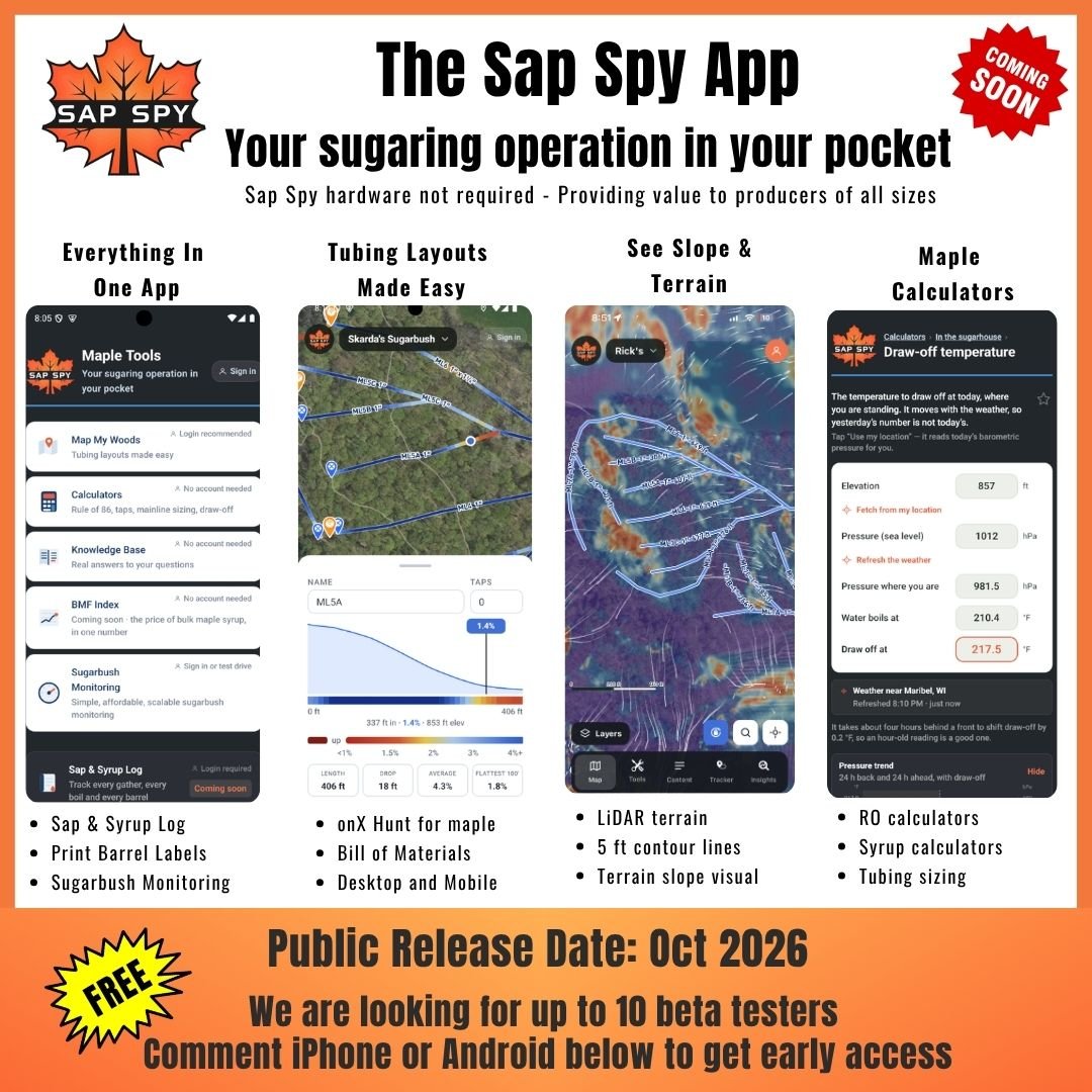 The Sap Spy app: Map My Woods, maple calculators, sugarbush monitoring
