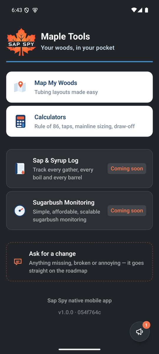 The app home screen